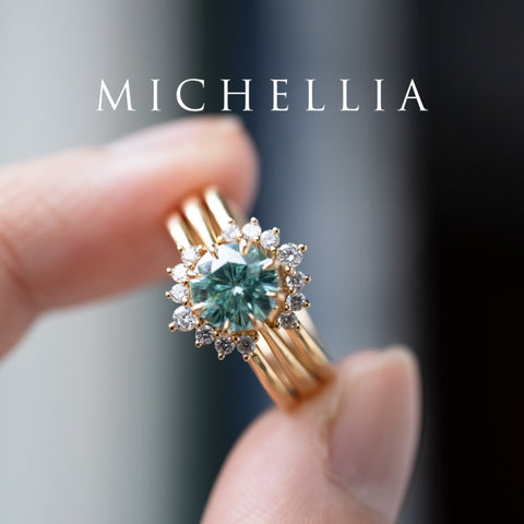 [Victoria] Mint Green Moissanite Secret Royal Garden Engagement Ring 3-piece set, 18K Yellow Gold, Ready-to-Ship Women's Ring michelliafinejewelry