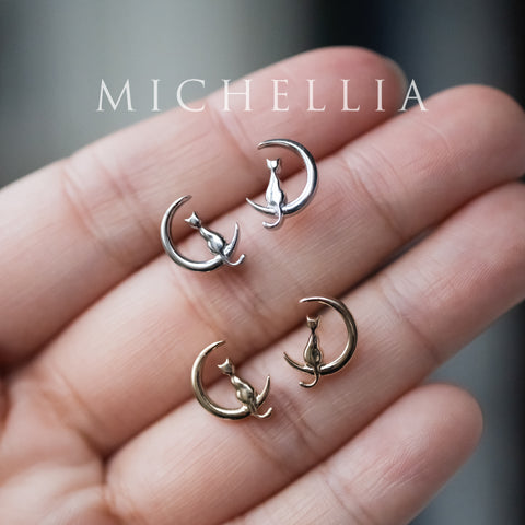 [Mitsuki] Limited Edition Cat and Crescent Moon Earrings, Solid Gold or Sterling Silver