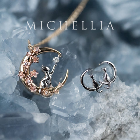 [Mitsuki] Limited Edition Cat and Crescent Moon Earrings, Solid Gold or Sterling Silver