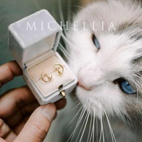 [Mitsuki] Limited Edition Cat and Crescent Moon Earrings, Solid Gold or Sterling Silver