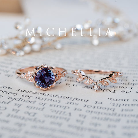[Evanthe] Vintage Floral Engagement Ring in Lab Alexandrite Women's Ring michelliafinejewelry   