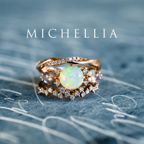 [Celestine] Interstellar Three Stone Ring in Australian Opal, Moonstone, and Labradorite Women's Ring michelliafinejewelry