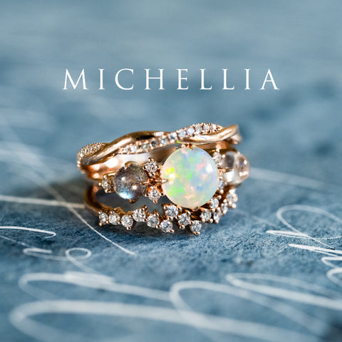 [Celestine] Interstellar Three Stone Ring in Australian Opal, Moonstone, and Labradorite Women's Ring michelliafinejewelry