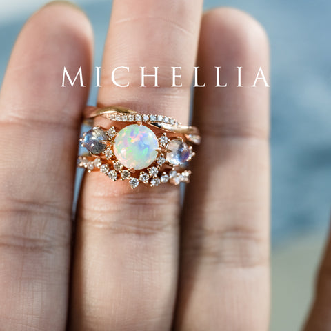 [Celestine] Interstellar Three Stone Ring in Australian Opal, Moonstone, and Labradorite Women's Ring michelliafinejewelry
