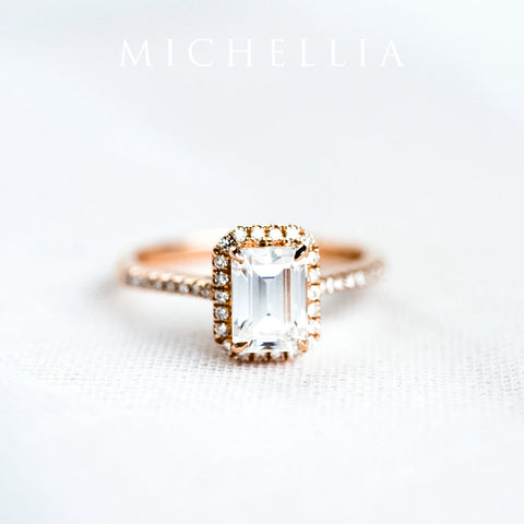 [Kimberly] Emerald Cut Halo Diamond Ring in Moonstone Women's Ring michelliafinejewelry   