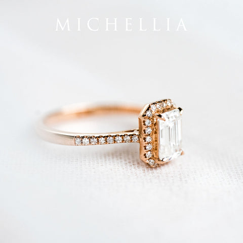 [Kimberly] Emerald Cut Halo Diamond Ring in Moonstone Women's Ring michelliafinejewelry   