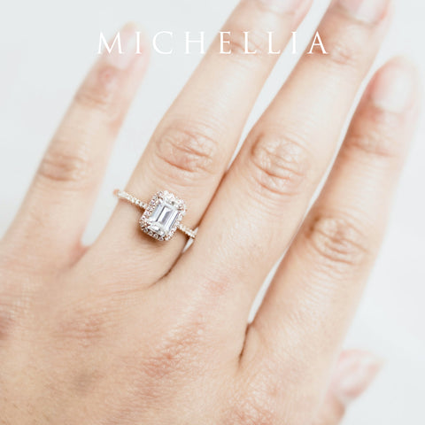 [Kimberly] Emerald Cut Halo Diamond Ring in Moonstone Women's Ring michelliafinejewelry   