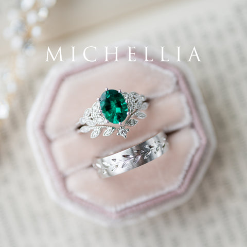[Olivia] Classic Floral Oval Engagement Ring in Lab Emerald Women's Ring michelliafinejewelry   