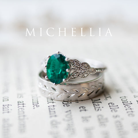 [Olivia] Classic Floral Oval Engagement Ring in Lab Emerald Women's Ring michelliafinejewelry   