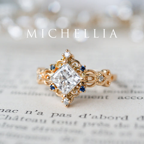 [Elsa] Vintage Square Princess Cut Engagement Ring in Aquamarine Women's Ring michelliafinejewelry