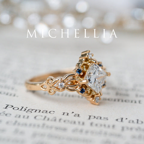 [Elsa] Vintage Square Princess Cut Engagement Ring in Lab Blue Sapphire Women's Ring michelliafinejewelry