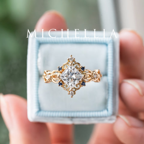 [Elsa] Vintage Square Princess Cut Engagement Ring in Diamond / Moissanite Women's Ring michelliafinejewelry