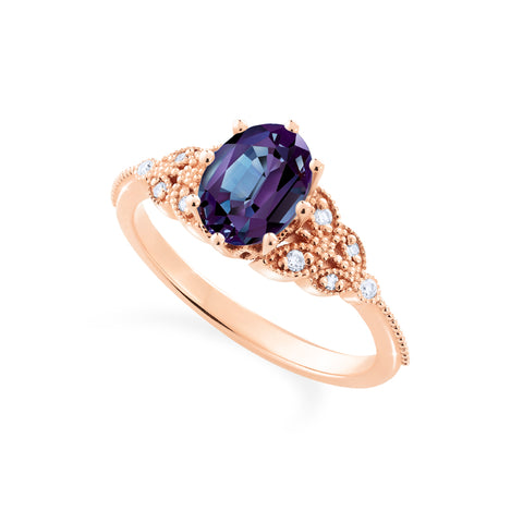[Olivia] Classic Floral Oval Engagement Ring in Lab Alexandrite Women's Ring michelliafinejewelry