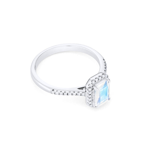 [Kimberly] Emerald Cut Halo Diamond Ring in Moonstone Women's Ring michelliafinejewelry   