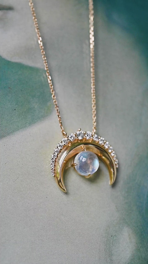 [Serena] Sailor Moon Inspired Moonstone Diamond Necklace in Solid 14K Yellow Gold - One of A Kind & Ready-to-Ship Necklace michelliafinejewelry