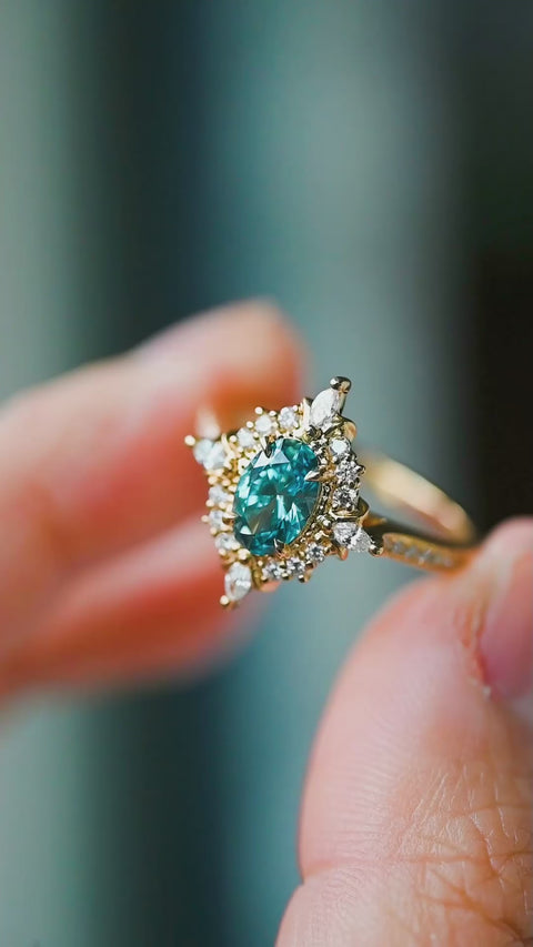 [Alessandra] IGI-Certified Teal Blue Diamond Engagement Ring, 18K Yellow Gold - One of A Kind & Ready-to-Ship Women's Ring michelliafinejewelry