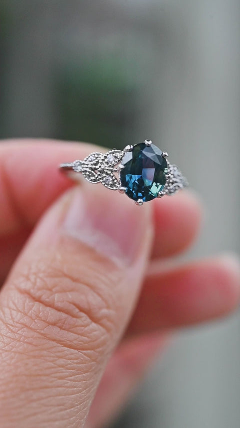 [Olivia] Enchanted Forest Natural 1.80ct Teal Sapphire Oval Floral Engagement Ring, 14K White Gold - One of A Kind & Ready-to-Ship Women's Ring michelliafinejewelry