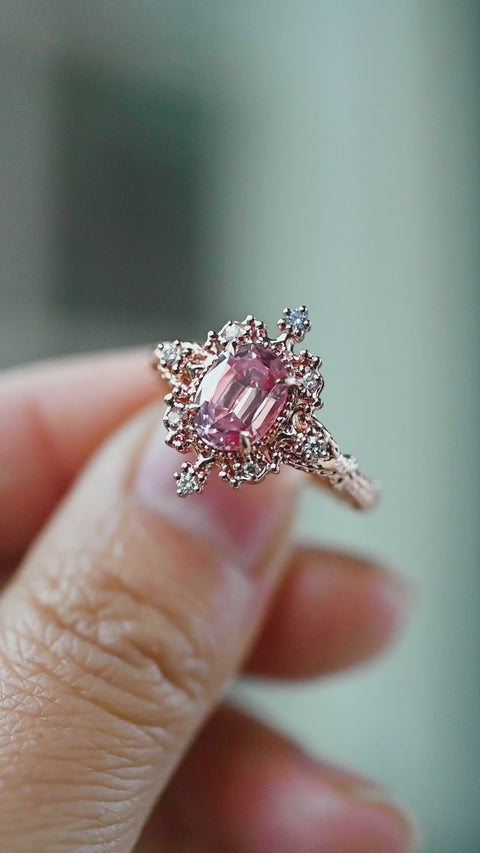 [Marietta] Ready-to-Ship Belle Époque Peach Pink Sapphire Oval Engagement Ring with Diamond, One of A Kind Women's Ring michelliafinejewelry