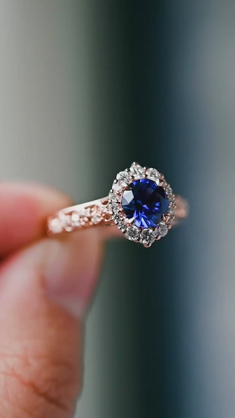 [Ophelia] Royal Blue Sapphire Engagement Ring, 14K Rose Gold - One of A Kind & Ready-to-Ship Women's Ring michelliafinejewelry