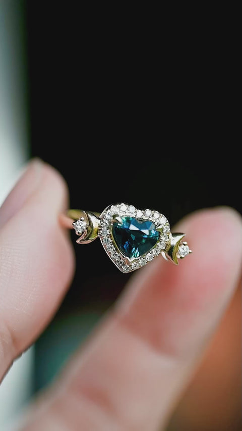 [Seraphina] Natural Teal Sapphire Heart Cut Moon Goddess Engagement Ring, 14K Yellow Gold - Ready to Ship & One of A Kind Women's Ring michelliafinejewelry