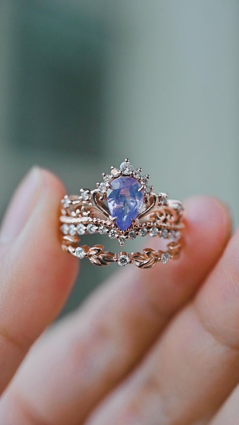 [Reina] Opalescent Lavender Sapphire Woodland Fairy Engagement Ring Set, 14K Rose Gold, One-of-a-Kind & Ready-to-Ship Women's Ring michelliafinejewelry