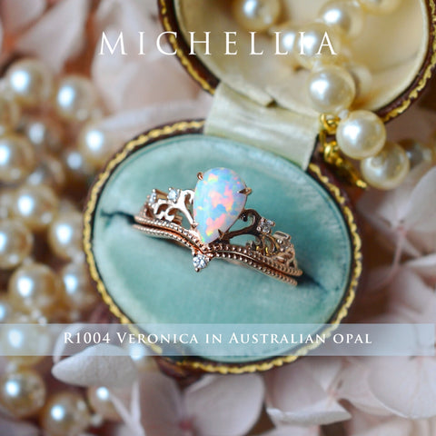 [Veronica] Vintage Crown Pear Engagement Ring in Opal Women's Ring michelliafinejewelry   