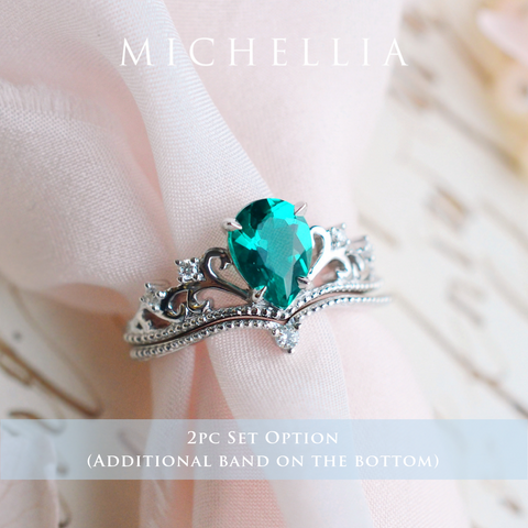 [Veronica] Vintage Crown Pear Engagement  Ring in Emerald Women's Ring michelliafinejewelry   