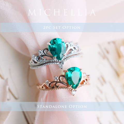 [Veronica] Vintage Crown Pear Engagement  Ring in Emerald Women's Ring michelliafinejewelry   