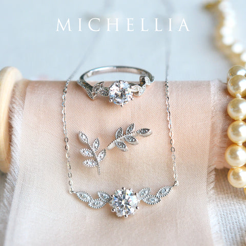 [Dahlia] Floral Leaf Necklace in Moissanite Necklace michelliafinejewelry   