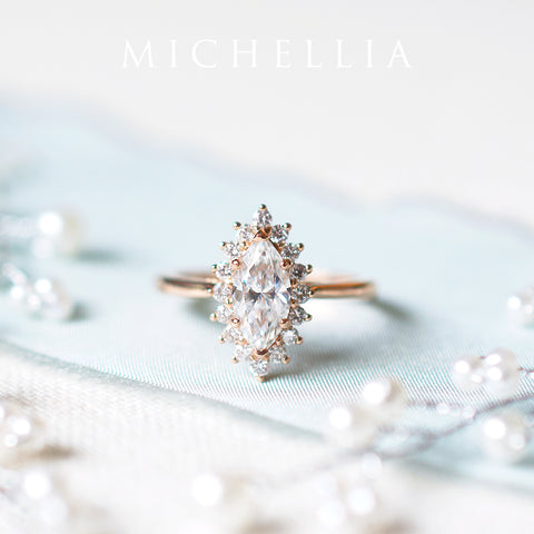 [Helena] Vintage Bloom Halo Marquise Engagement Ring in Diamond / Moissanite Women's Ring michelliafinejewelry   