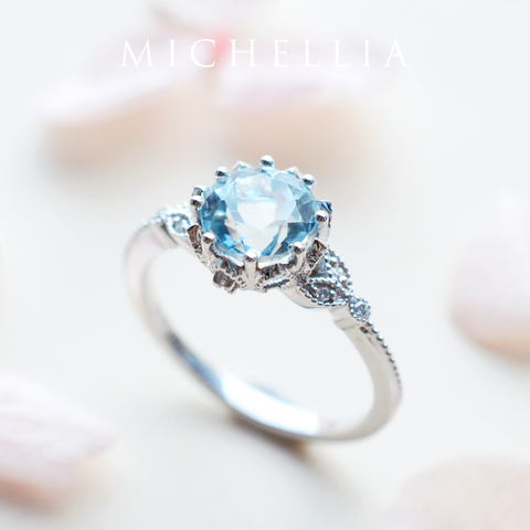 [Evanthe] Vintage Floral Engagement Ring in Aquamarine Women's Ring michelliafinejewelry   