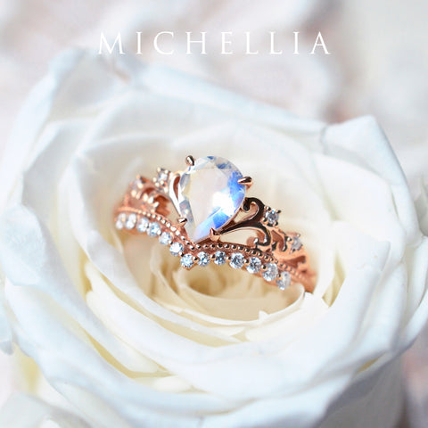 [Francesca] Heirloom Crown Pear Engagement Ring in Moonstone Women's Ring michelliafinejewelry   