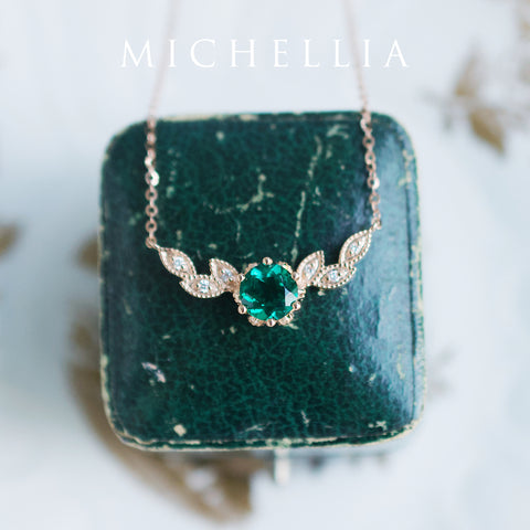 [Dahlia] Floral Leaf Necklace in Lab Emerald Necklace michelliafinejewelry   