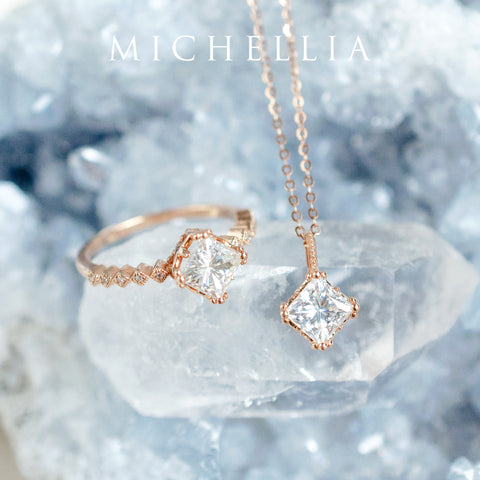 [Astoria] Fluer De Lis Princess Cut Necklace in Moissanite Necklace michelliafinejewelry   