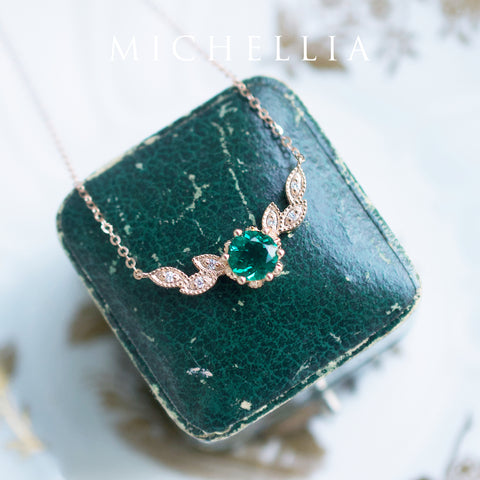 [Dahlia] Floral Leaf Necklace in Lab Emerald Necklace michelliafinejewelry   