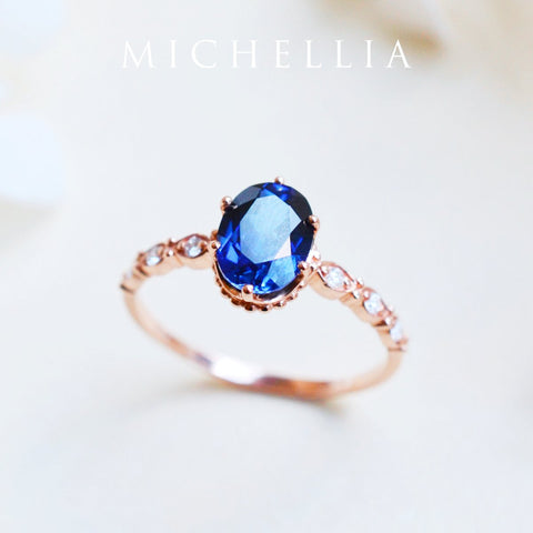 [Evelina] Vintage Classic Crown Oval Engagement Ring in Lab Blue Sapphire Women's Ring michelliafinejewelry