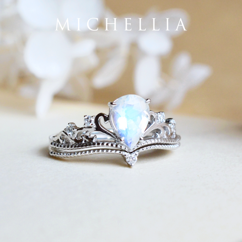 [Veronica] Vintage Crown Pear Enagement Ring in Moonstone Women's Ring michelliafinejewelry   