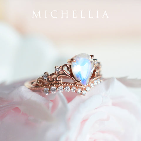 [Francesca] Heirloom Crown Pear Engagement Ring in Moonstone Women's Ring michelliafinejewelry   