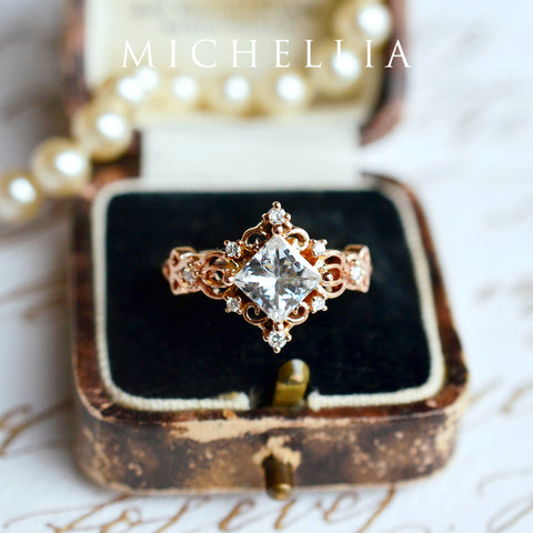 [Elsa] Vintage Square Princess Cut Engagement Ring in Diamond / Moissanite Women's Ring michelliafinejewelry   