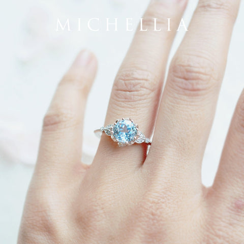 [Evanthe] Vintage Floral Engagement Ring in Aquamarine Women's Ring michelliafinejewelry   