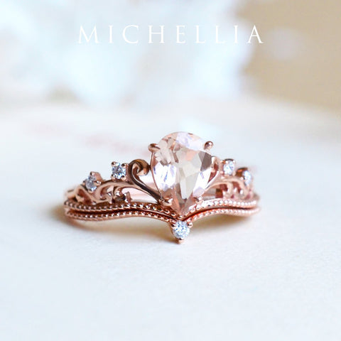 [Veronica] Vintage Crown Pear Engagement Ring in Morganite Women's Ring michelliafinejewelry   