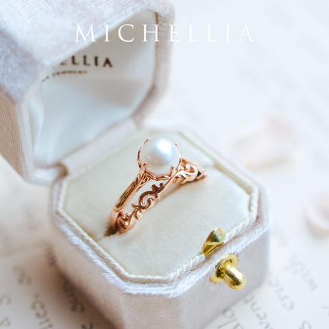 [Marguerite] Victorian Lace Solitaire Engagement Ring in Akoya Pearl Women's Ring michelliafinejewelry   