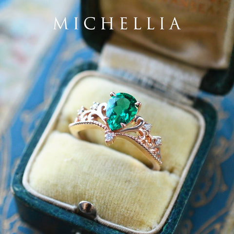 [Veronica] Vintage Crown Pear Engagement  Ring in Emerald Women's Ring michelliafinejewelry   