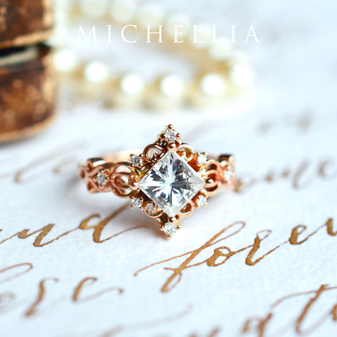 [Elsa] Vintage Square Princess Cut Engagement Ring in Diamond / Moissanite Women's Ring michelliafinejewelry   