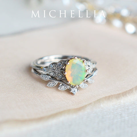 [Olivia] Classic Floral Oval Engagement Ring in Natural Australian Opal Women's Ring michelliafinejewelry