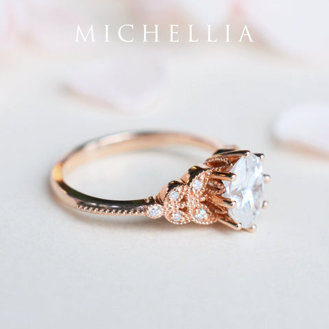 [Olivia] Classic Floral Oval Engagement Ring in Diamond / Moissanite Women's Ring michelliafinejewelry   