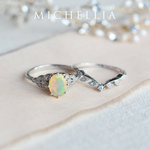 [Olivia] Classic Floral Oval Engagement Ring in Natural Australian Opal Women's Ring michelliafinejewelry
