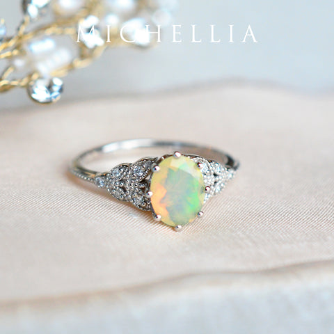 [Olivia] Classic Floral Oval Engagement Ring in Natural Australian Opal Women's Ring michelliafinejewelry