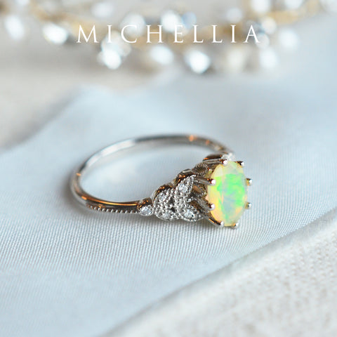 [Olivia] Classic Floral Oval Engagement Ring in Natural Australian Opal Women's Ring michelliafinejewelry