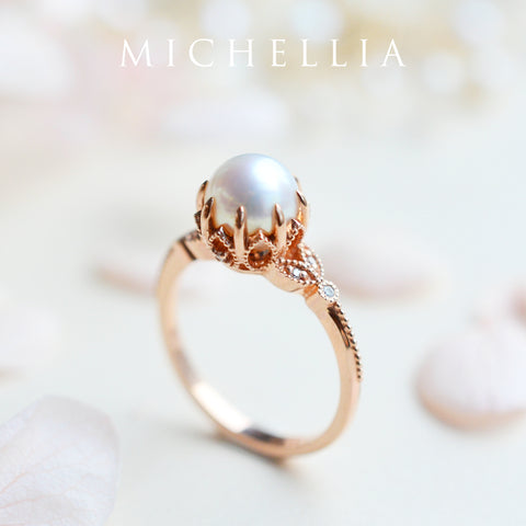 [Evanthe] Vintage Floral Engagement Ring in Akoya Pearl Women's Ring michelliafinejewelry   